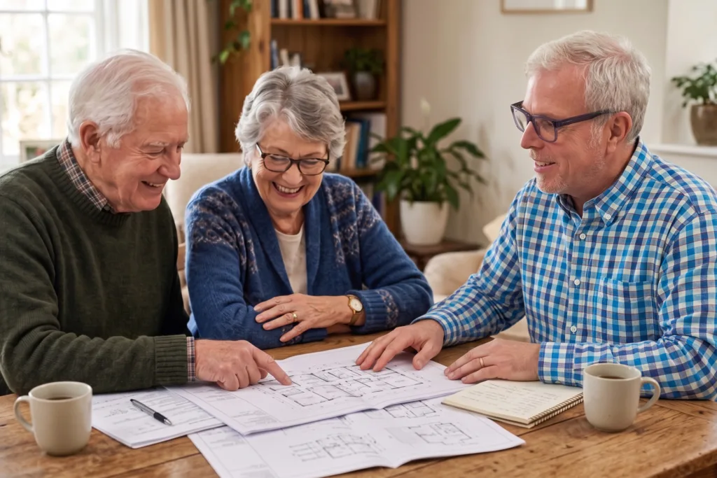 Three older adults discuss architectural blueprints at a wooden table, smiling while pointing to plans.